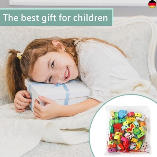 Holzspielzeug Fädelspiel Lernspielzeug, 42 Stück Obst Tiere Gemüse Fädelperlen,  - Bild 7 von 7