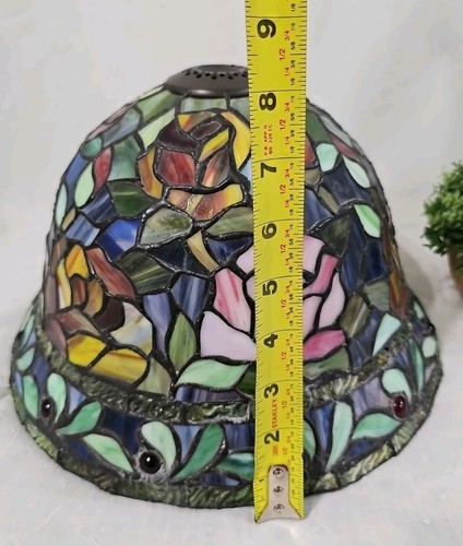 RARE! Vtg Stained Glass Tiffany Style Flowers Roses Beaded 12" Lamp Shade Only - Picture 15 of 15