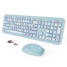 Wireless Keyboard and Mouse Combo, Colorful Ergonomic Full Size Retro Low-Noi...