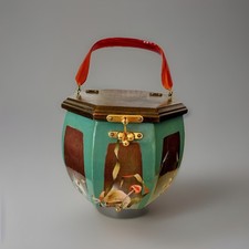 VTG Wooden Decoupage Purse Mushrooms Handbag Octagon Lucite Handle Fall Festival