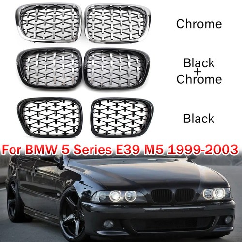 For BMW 5 Series E39 M5 1999-2003 Pair Black/Chrome Front Diamond Kidney Grilles - Picture 1 of 21