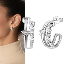 PANDACH 925 Sterling Silver Double Layer Stud Earrings Women's Elegant Earrings