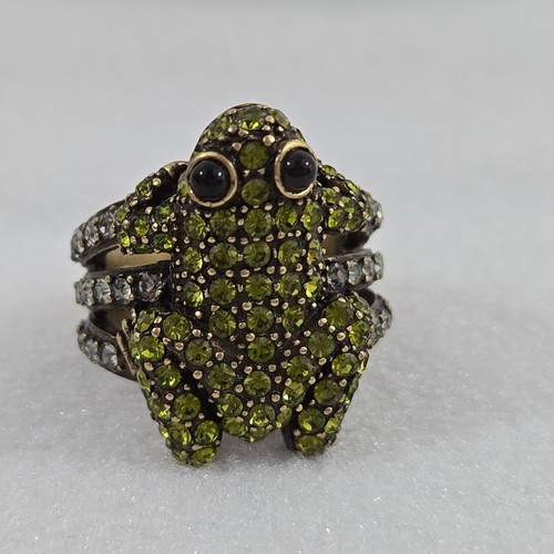 Vintage Heidi Daus Swarovski Frosch Ring weiß grün Kristalle Messing signiert Größe 8 - Bild 4 von 12