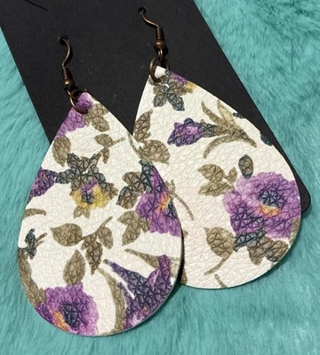 Women’s White & Purple Flowery TearDrop Light Weight Earrings Large, Dangely - Image 1 of 4