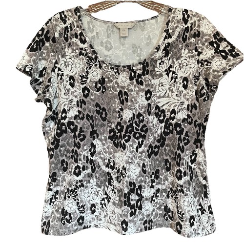 Laura Ashley Top Women’s PM sequin Lacey floral cheetah Shirt gray black white