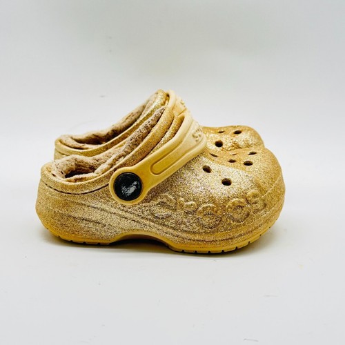 Crocs Clogs Girls 6c Gold Glitter Fleece Lined Croslite Rubber Slip On Mules