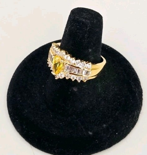 Gold Tone Pear Citrine CZ Ring Baguette & Round Stones Cocktail Statement Size 7 - Picture 4 of 6
