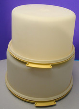 Pair of TUPPERWARE Cake  Pie Carriers 1256/1257/684 Harvest Gold Base 9"  12"