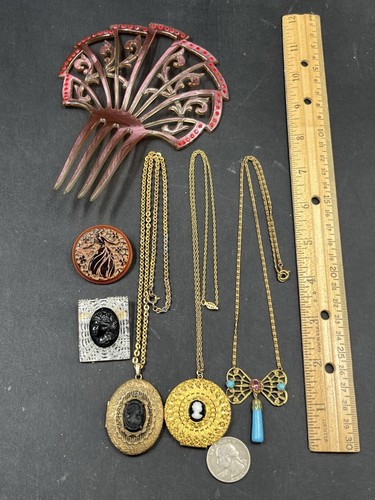 Lot Of 6 Pc Vtg Jewelry Cameo Lockets Necklaces Brooches Victorian Hair Comb - Picture 9 of 12