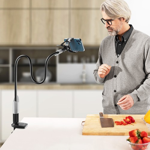 Cell Phone Holder with Charging Wire Flexible Gooseneck Clip Bracket Clamp Stand - Photo 10 sur 10