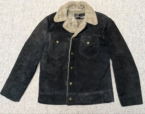 1970s vintage COWHIDE split-suede WESTERN sherpa jacket 38 black TRUCKER cowboy - product listing photo