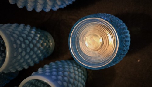 Fenton Blue Hobnail 7 Pc 8" Pitcher 6 Barrel Glasses Mint Ombre Opalescent Crimp - Picture 2 of 9
