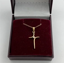 Vintage AMCO 14K Gold Filled Modernist Cross Pendant Chain Necklace with CZ 15"