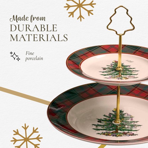 Christmas Tree Tartan 2-Tiered Server, Holiday Cupcake Stand, Dessert Display... - Picture 4 of 7