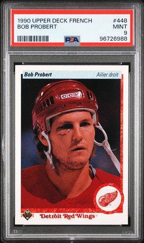 1990 Upper Deck FRENCH Bob Probert Bloody Stiched Eye PSA 9 MINT #448 Red Wings