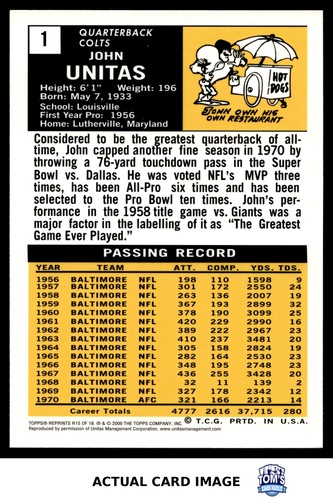2000 Topps #1 JOHN UNITAS Colts HOF NM - Picture 2 of 4