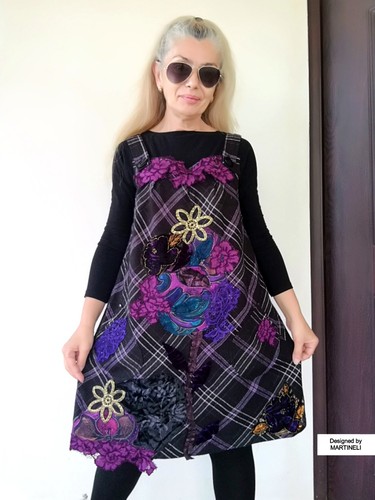 BLUMEN OVERALL KLEID XL BOHO CHIC LILA PULLOVERKLEID ÄRMEL KLEID BESTICKT - Bild 1 von 12