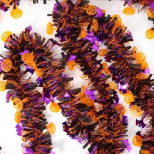 50 Ft Halloween Tinsel Garlands,Funny Pumpkin Purple Bats Shiny Metallic Twist F