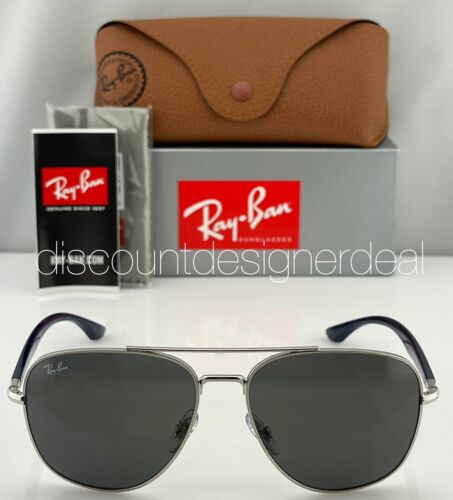 Ray-Ban RB3683 Square Sunglasses 003/B1 Silver Metal Navy Blue Dark Gray Lenses - Picture 2 of 7