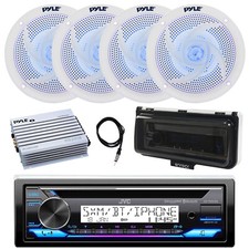 Marine CD Receiver, Amp, 4x 4" 100W Blue LED Speakers, Antenna, Cover White 