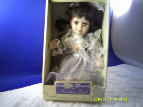 NIB VICTORIAN BEAUTY 8" PORZELLAN MÄDCHEN PUPPE SILBER KLEID BRAUNE HAARE - GRÜNE AUGEN - Bild 3 von 3