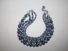 12-15" BEADED CHOKER NECKLACE 4 STRAND Vtg JAPAN BLUE  SILVER