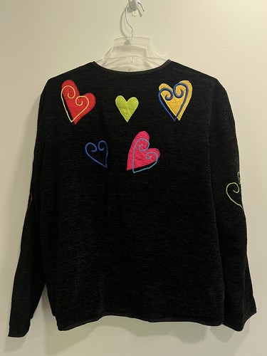 Vintage Sweater W/Hearts Colorful Fun  Med.Black W/Hearts Applique Valentines - Picture 6 of 10