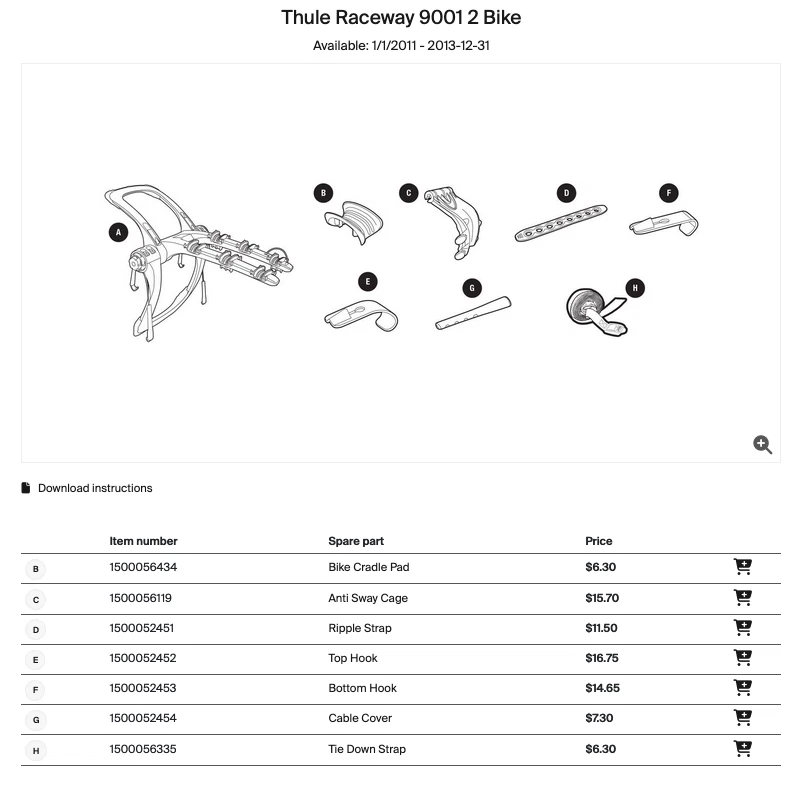 THULE Raceway 9001 9002 2 3 Bike Rack Trunk Mount REPLACEMENT