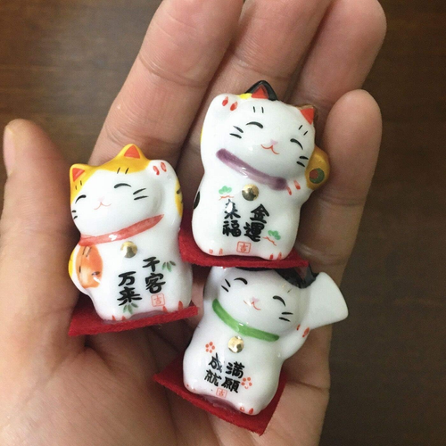 Set of 3 Japanese Ceramics Maneki Neko Lucky Fortune Cat Figurines Waving Fortun - Picture 3 of 12