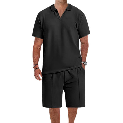 Men's 2 Piece Set Short Sleeve Henley Shirts and Shorts Summer Beach Yoga Outfit - Picture 25 of 39