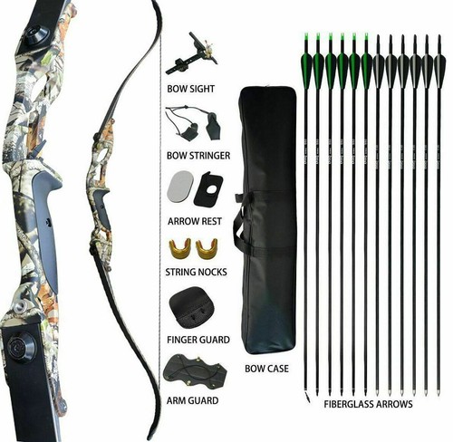 35lb Archery Takedown Recurve Bow 12XFiberglass Arrows Kit Bowbag Camo RH Adult - Picture 1 of 11