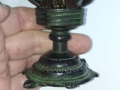 Antique Bronze Candle Holder Opens and Folds as Lotus Flower Tortoise Base 11 cm - Picture 11 of 15