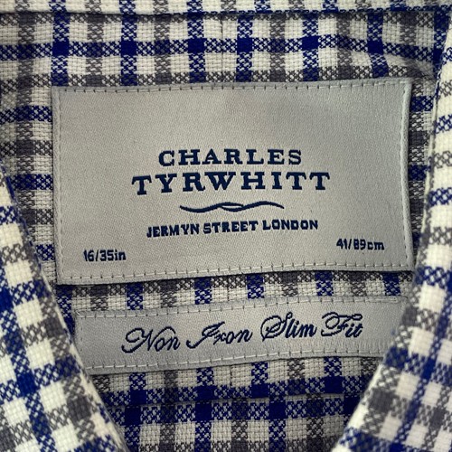 Charles Tyrwhitt blau grau kariertes Hemd 16/35 gespreizter Kragen bügelfrei Slim Fit - Bild 11 von 11