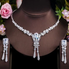 Sparkling Chandelier Long Earrings Necklace Silver Plated CZ Wedding Jewelry Set