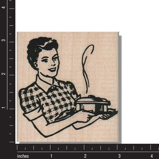 Sello de goma de madera, años 50, retro dama cocinando, comida, cocinera, mamá, feliz, mujer, olla Foto 2 de 2