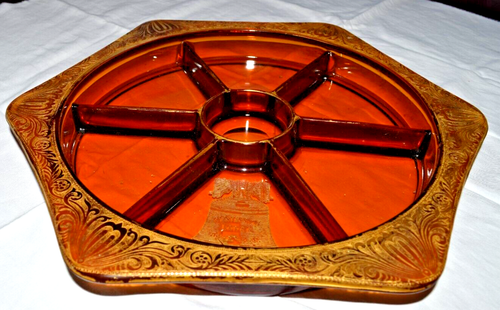 Tiffin Divided Tray 6 Serving Platter Amber Depression Glass 11.5" - Picture 7 of 9