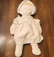 Vtg Eden Plush Baby Cloth Girl Rag Doll Rosebud Dress Bonnet Yarn Hair 12" Plush