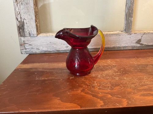 Mini Red With Yellowish Handle Crackle Glass Pitcher Fluted Rim 3 1/2” Tall - Picture 7 of 7