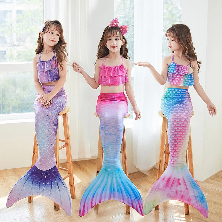 Girls Mermaid Tail Swimming Costume Swimmable Bikini Set Summer Swimsuit UK - Image 3 of 4