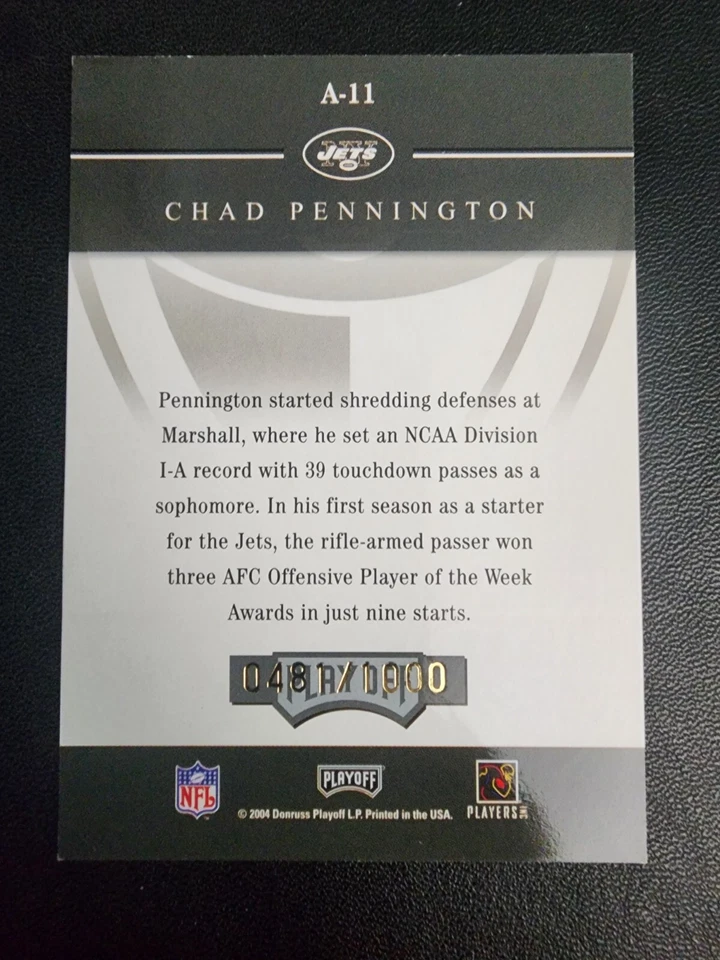 2004 PLAYOFF HONORS ACCOLADES #A-11 CHAD PENNIGTON NEW YORK JETS #0481/1000 - Image 2 of 2