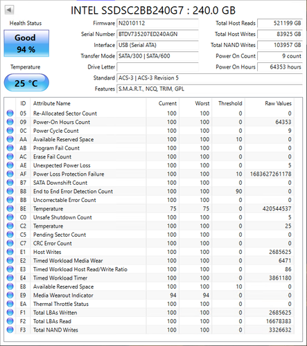 Intel DC S3520 SSDSC2BB240G7 240GB 2.5 SATA 3.0 6Gbps MLC SSD ~85-97% - Picture 15 of 24