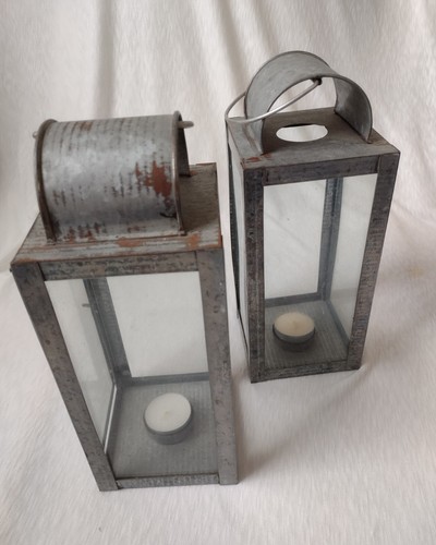 Vintage Metal Tea Light Votive Candle Holder Lantern Metal/Glass 26cm 1.5kg Pair - Picture 14 of 19