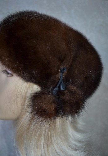 NUEVO Ruso GENUINO SOMBRERO DE PIEL DE VISÓN / ESTILO BOINA con pompones, marrón chocolate 21" - Imagen 4 de 12