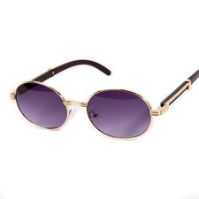 Vintage Men's Round Purple Gradient Tint Gold Frame Woodgrain Rimless Sunglasses