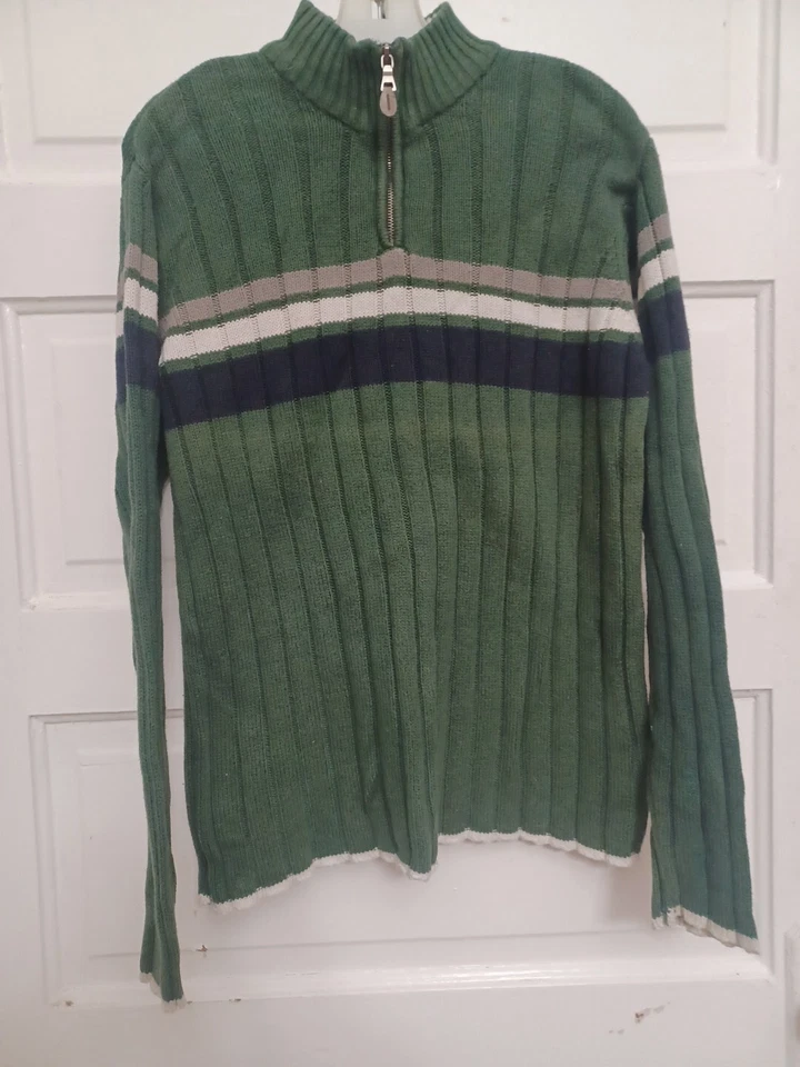 Suéter tejido lugar para niños niños talla grande 10-12 azul blanco verde rayas 3/4 cremallera Foto 3 de 4