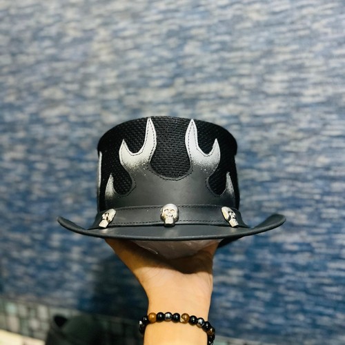 El dorado leather Top Hat Flames Mesh Black Steampunk Leather Top Hat Biker Hat - Picture 3 of 9