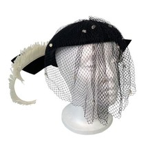 Vintage Adolfo II New York Paris Black Felt Hat with Veil and Feathers and Bow