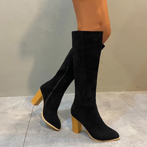 Botas para mujer Botas hasta la rodilla Pantorrilla ancha Alta Cremallera Tacón bloque Gruesas Botas largas - Imagen 11 de 17