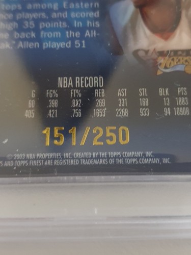 2002 Finest Allen Iverson #PATCH REFRACTOR /250 Game Worn Jersey - PSA 9 (POP 5) - Picture 3 of 4