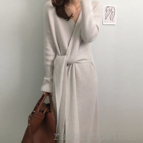 Women Sweater Dress Cashmere Long Sleeve Belted Warm V Neck Knitted Maxi Fashion - Picture 2 of 14